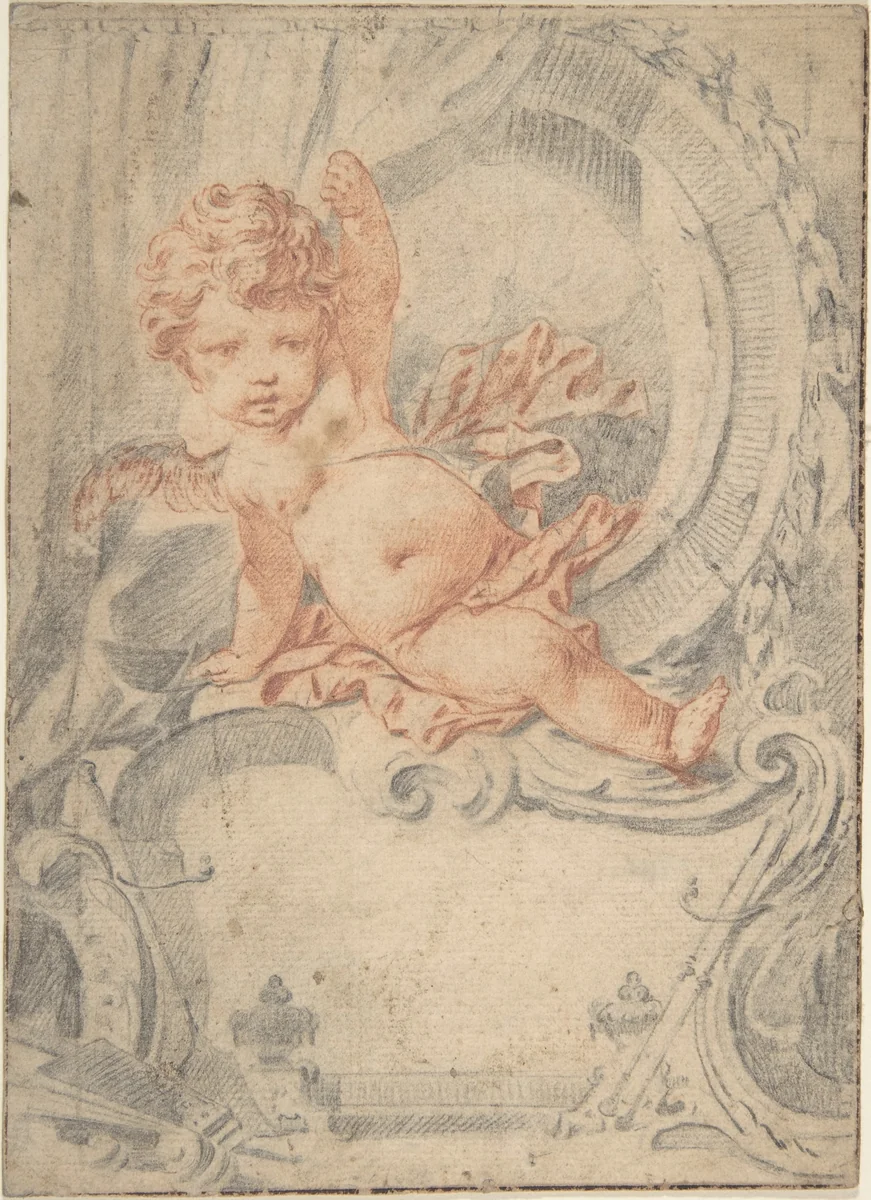 Cupid posed in an Ornamental Cartouche by anonymous, drawing, 1700-1800