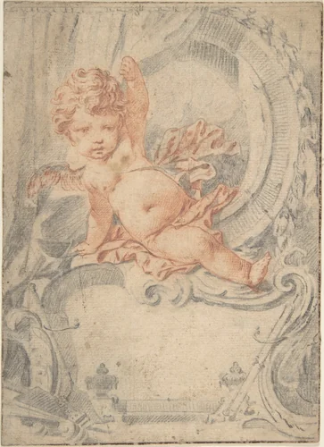 Cupid posed in an Ornamental Cartouche by anonymous, drawing, 1700-1800