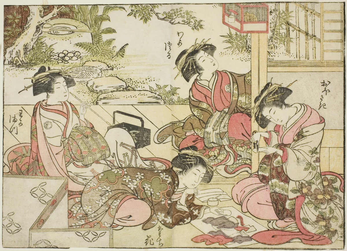 Courtesans of Otawaraya, from the book "Mirror of Beautiful Women of the Pleasure Quarters (Seiro bijin awase sugata kagami)," vol. 2 by Katsukawa Shunsho (勝川 春章), print, 1776