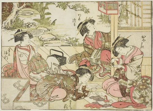 Courtesans of Otawaraya, from the book "Mirror of Beautiful Women of the Pleasure Quarters (Seiro bijin awase sugata kagami)," vol. 2 by Katsukawa Shunsho (勝川 春章), print, 1776