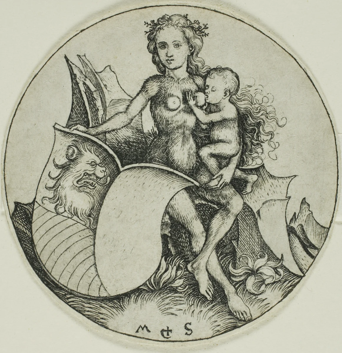 Shield with a Lion's Head, Held by a Wild Woman by Martin Schongauer, print, 1480-1490