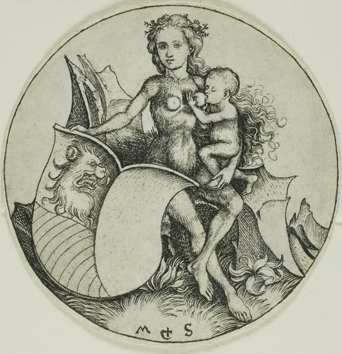 Shield with a Lion's Head, Held by a Wild Woman by Martin Schongauer, print, 1480-1490