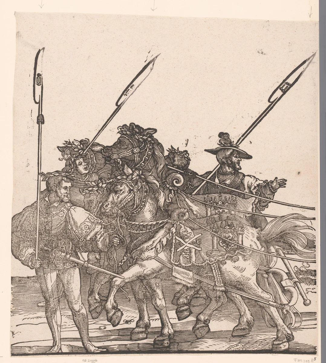 Voorste paarden van de stoet by anonymous, print, 1537-1551