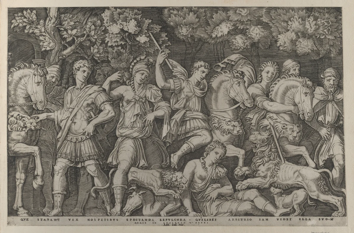 The Lion Hunt, from "Speculum Romanae Magnificentiae" by Marcantonio Raimondi, print, 1495-1539