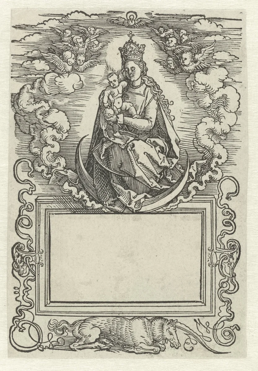 Titelblad met Maria met kind zittend op de maansikkel by Hans Springinklee, print, 1500-1516