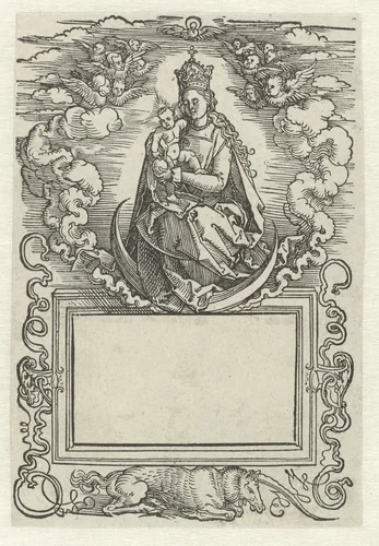 Titelblad met Maria met kind zittend op de maansikkel by Hans Springinklee, print, 1500-1516