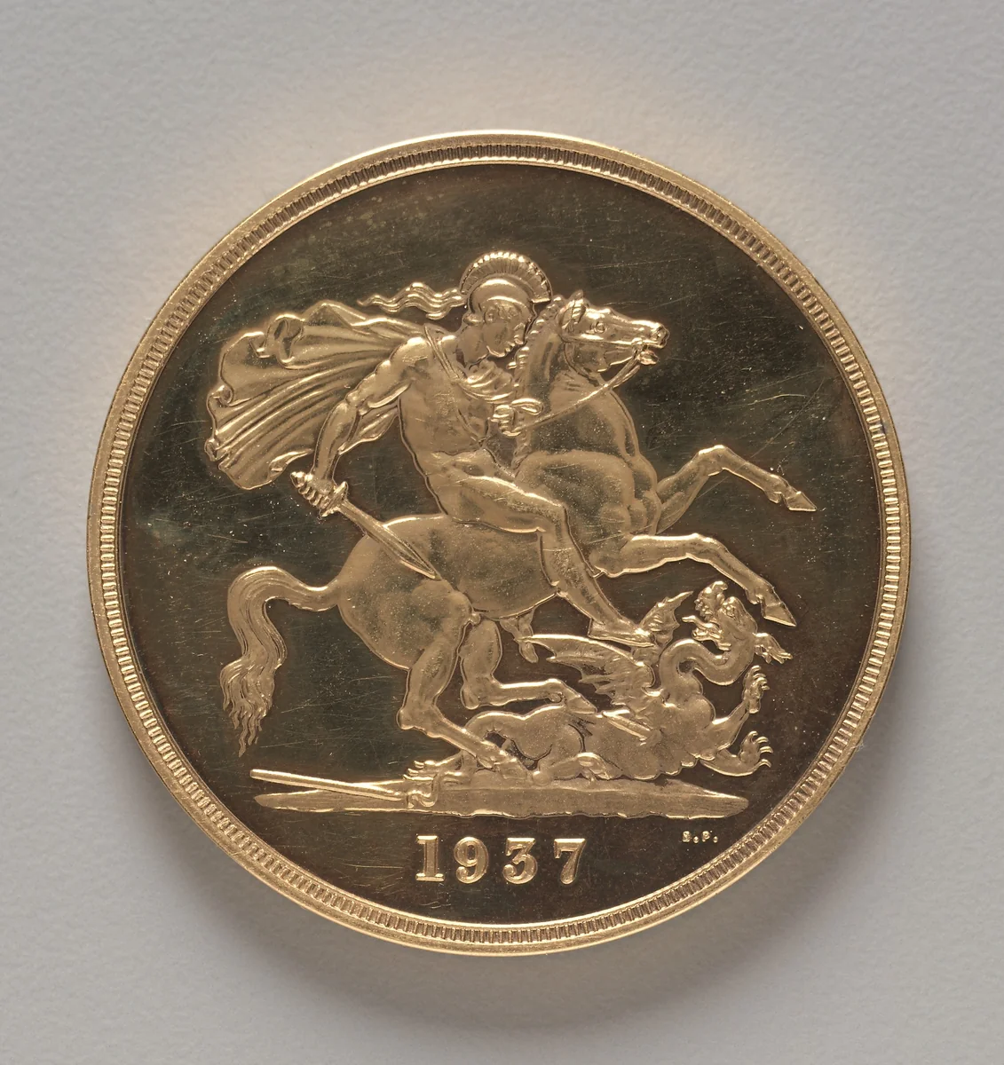 Five Pound Piece: St. George and the Dragon (reverse) by Benedetto Pistrucci, metalwork, 1937