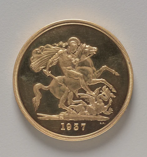 Five Pound Piece: St. George and the Dragon (reverse) by Benedetto Pistrucci, metalwork, 1937