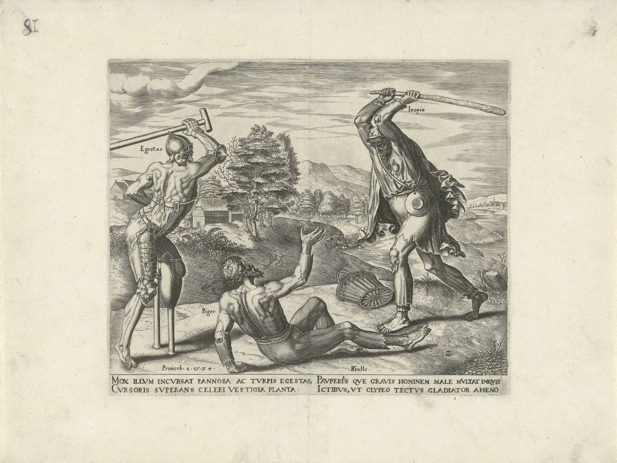 De luiaard wordt neergeslagen door Armoede en Gebrek by Unknown, print, 1565