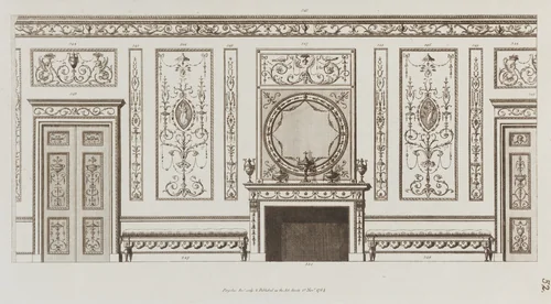 Interior design of wall with door, fireplace, panels and benches (in "Designs for Various Ornaments," pl. 52) by Michelangelo Pergolesi, print, 1784