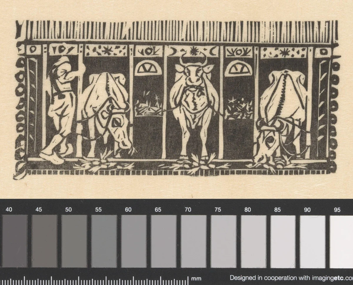 Titelhoofd met een koeienstal by Gerrit Willem Dijsselhof, print, 1893