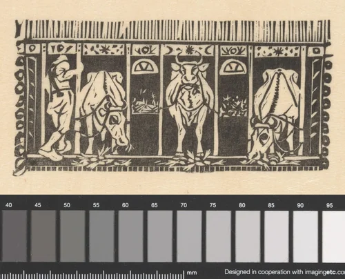 Titelhoofd met een koeienstal by Gerrit Willem Dijsselhof, print, 1893