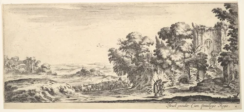 Plate 4: two pilgrims observing ruins to right, one pointing towards the right, a shepherd and a herd of cattle in center background, from "Various Landscapes" (Divers Paysages) by Stefano della Bella, print, 1636-1646