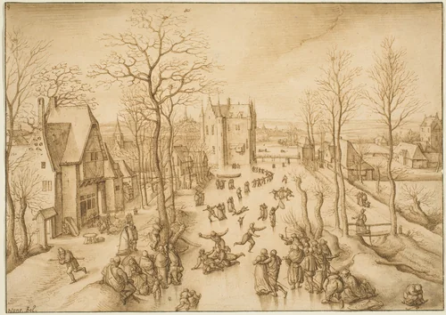 Winter Landscape with Skaters by Hans Bol, drawing, 1584-1586