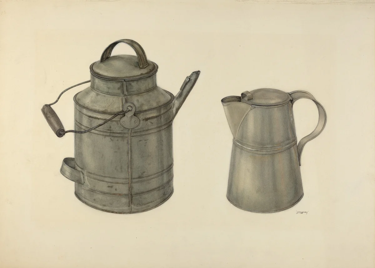 Zoar Tin Coffee Pot and Pail by John Wilkes, index of american design, 1938