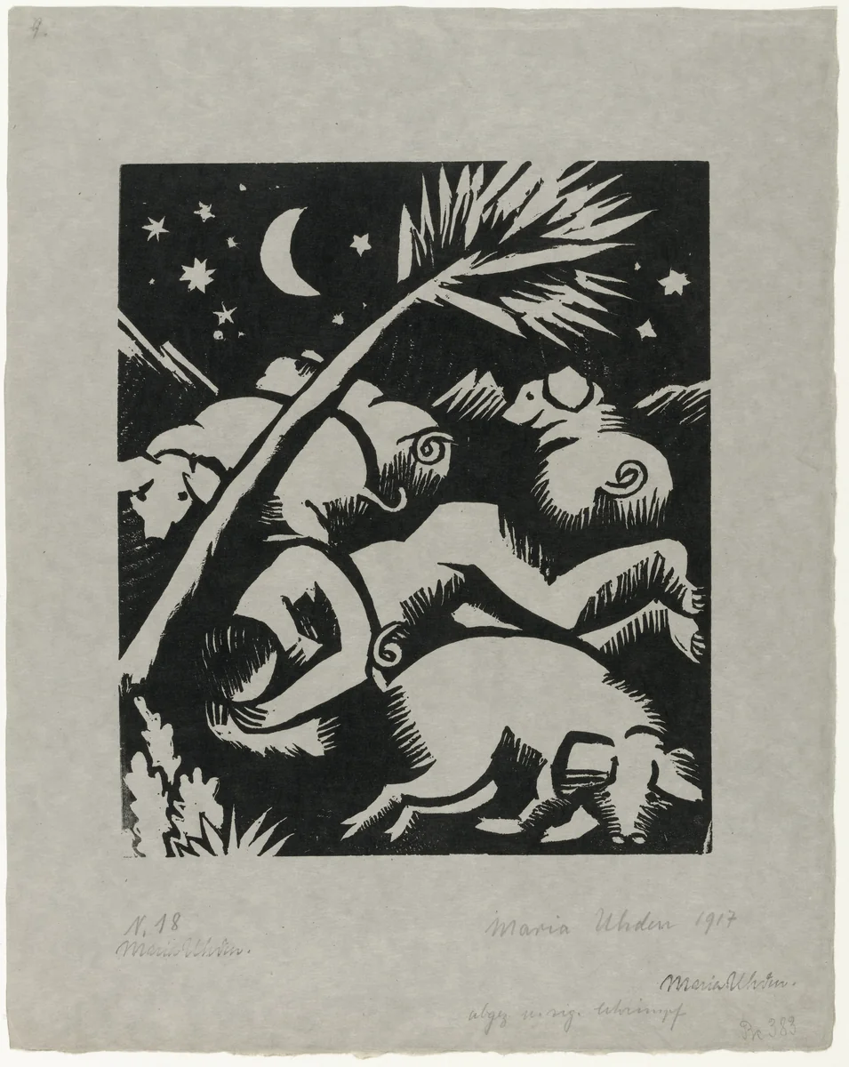Sleeping Swineherd with Pigs (Schlafender Hirt mit Schweinen) by Maria Uhden, print, 1917
