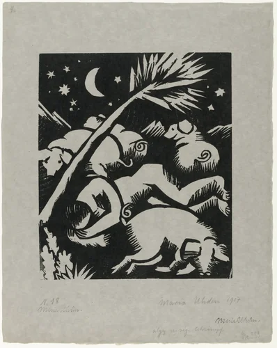 Sleeping Swineherd with Pigs (Schlafender Hirt mit Schweinen) by Maria Uhden, print, 1917