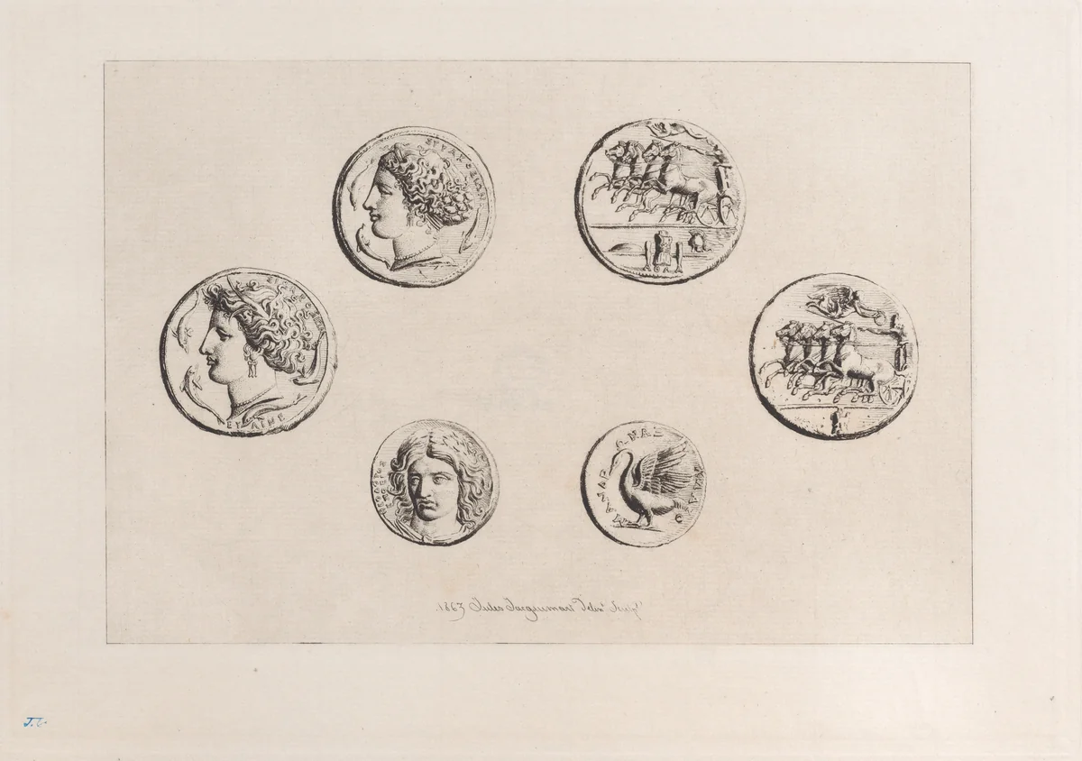 Greek Medals, from "Gazette des Beaux-Arts" by Jules Ferdinand Jacquemart, print, 1863