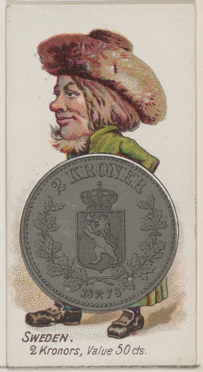 Sweden, 2 Kronors, from the series Coins of All Nations (N72, variation 1) for Duke brand cigarettes by W. Duke, Sons & Co., print, 1889