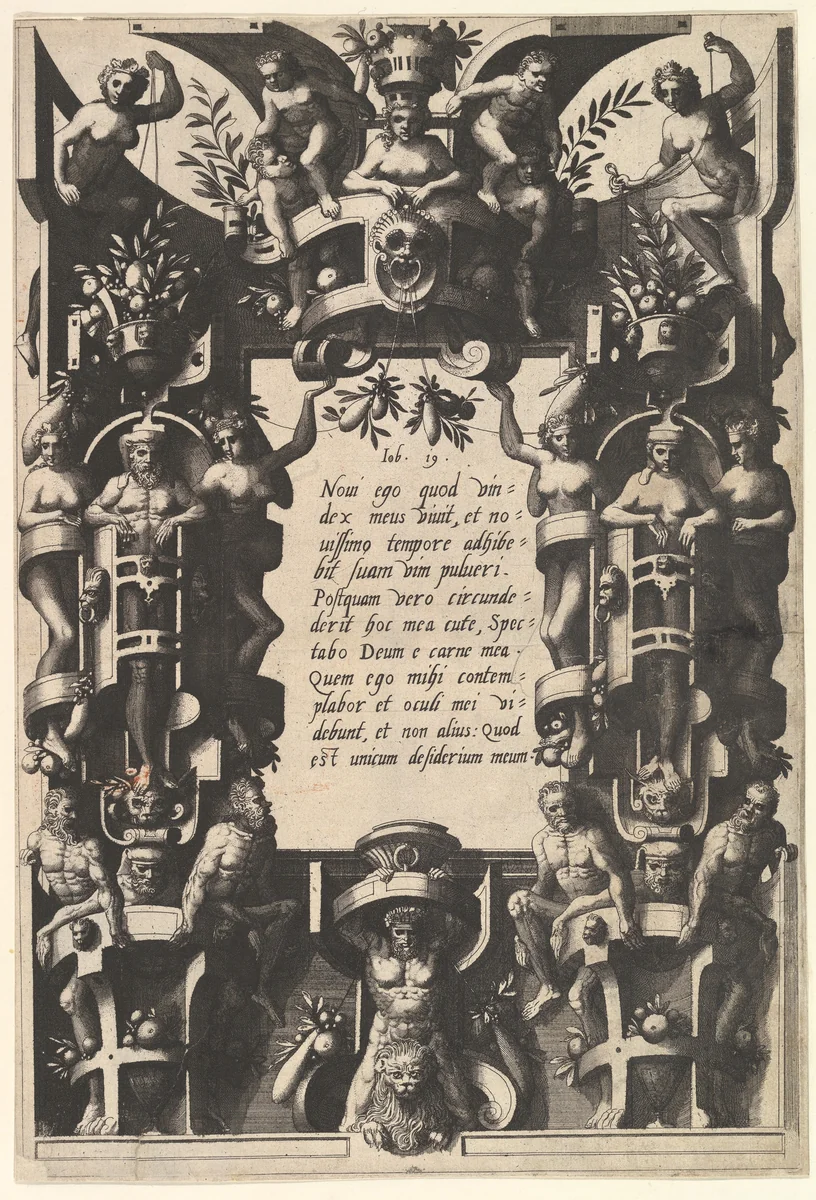 Cartouche from Veelderleij niewe inventien van antijckesche sepultueren diemen nou zeere ghebruijkende is met noch zeer fraeije grotissen en compertimenten zeer beqwame voer beeltsniders antijcksniders schilders en all constenaers...Libro Secundo by Johannes van Doetecum, book, 1557