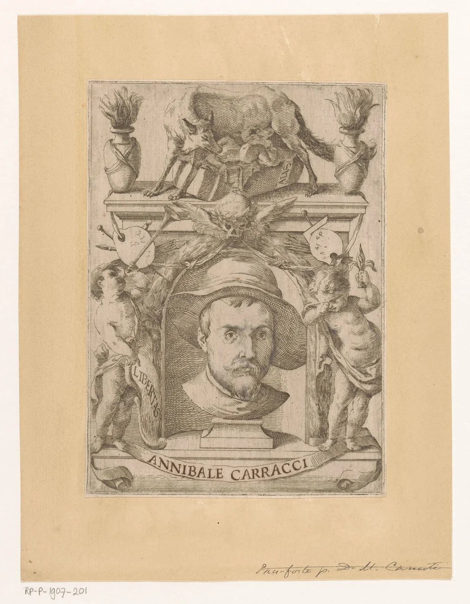 Portret van kunstenaar Annibale Carracci by Domenico Santi, print, 1631-1694