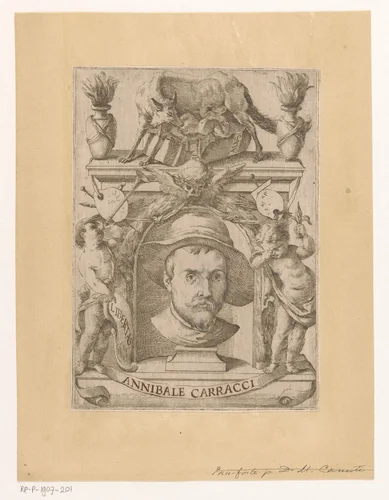 Portret van kunstenaar Annibale Carracci by Domenico Santi, print, 1631-1694