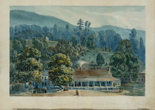 Dining Room and Stage Offices at White Sulphur Springs by John Hazelhurst Boneval Latrobe, artwork, 1832