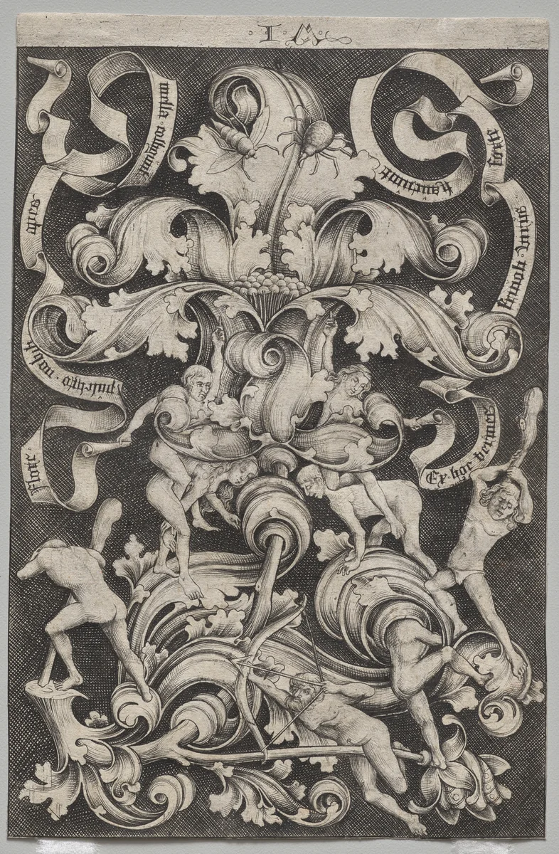 Upright Ornament with Eight Naked Men by Israhel van Meckenem, print, 1490-1500