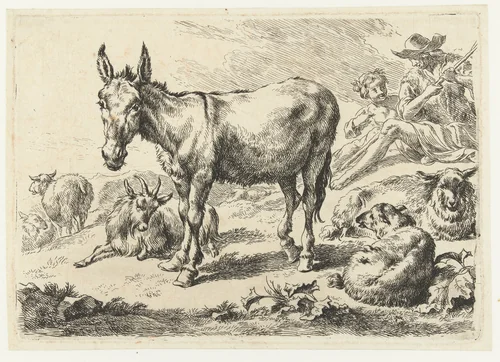 Landschap met ezel, schapen, geit en herders by Nicolaes Pietersz Berchem, print, 1630-1683