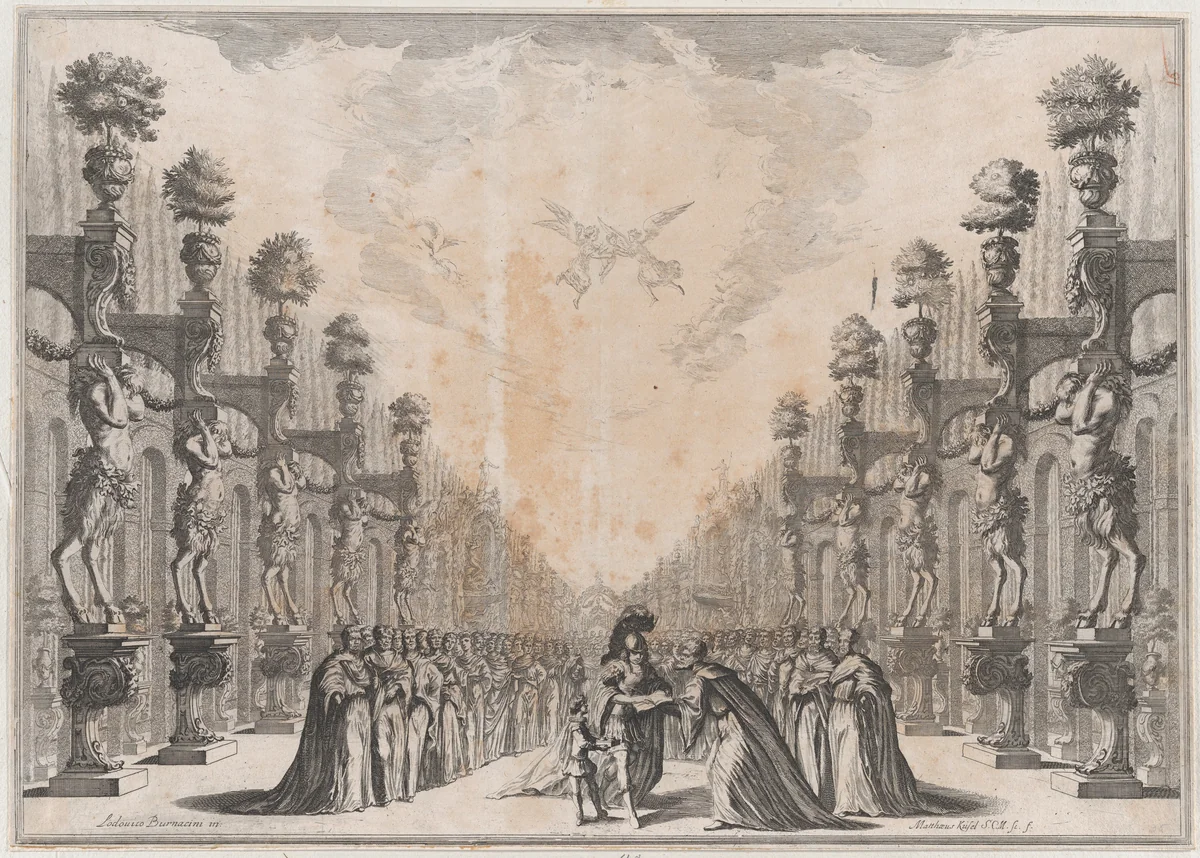Three men at center, an old man who holding out an open book for a soldier to sign as a smaller man stands to the left holding ink; a large group of men surround them; set design from 'Il Fuoco Eterno' by Mathäus Küsel, print, 1674