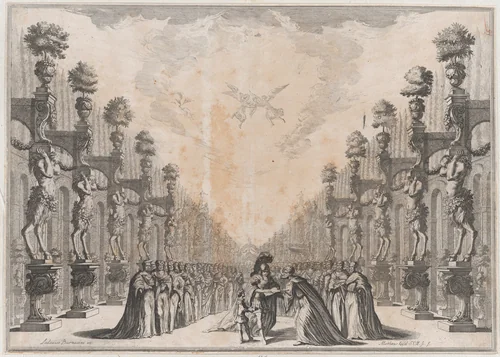 Three men at center, an old man who holding out an open book for a soldier to sign as a smaller man stands to the left holding ink; a large group of men surround them; set design from 'Il Fuoco Eterno' by Mathäus Küsel, print, 1674