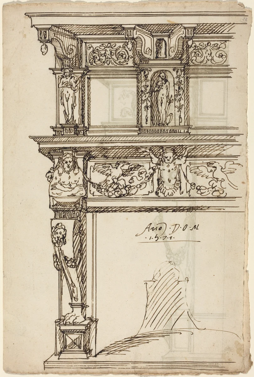 Palatial Mantelpiece with Mercury and Hope [recto] by anonymous, drawing, 1571