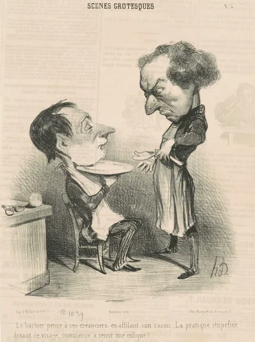 Le barbier pense a ses créanciers... by Honoré Daumier, print, 1839