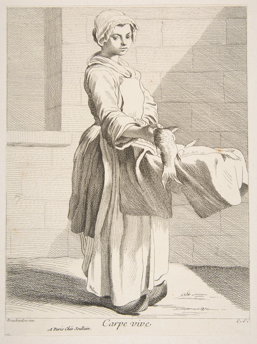 Fish Vendor by Anne Claude Philippe de Tubières, print, 1738