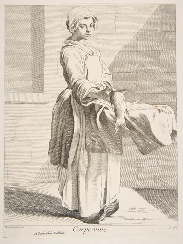 Fish Vendor by Anne Claude Philippe de Tubières, print, 1738