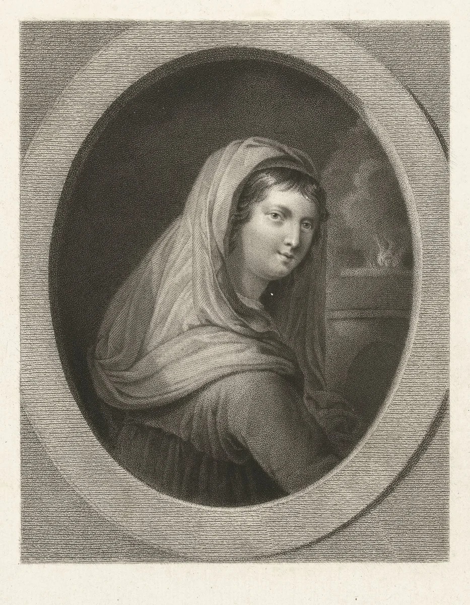 Jonge vrouw met sluier, op de achtergrond een vuur by Lambertus Antonius Claessens, print, 1829-1834