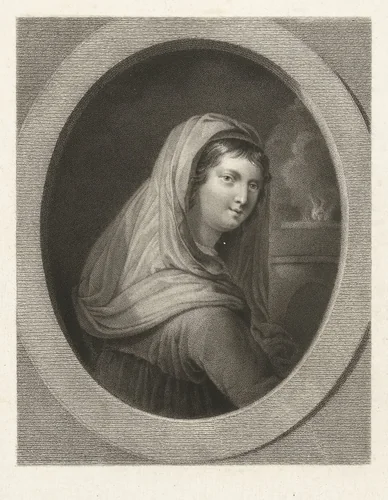 Jonge vrouw met sluier, op de achtergrond een vuur by Lambertus Antonius Claessens, print, 1829-1834
