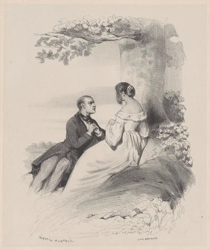 Man Proposing to a Woman whose Face is Hidden by Hair by Célestin Nanteuil, print, 1825-1870