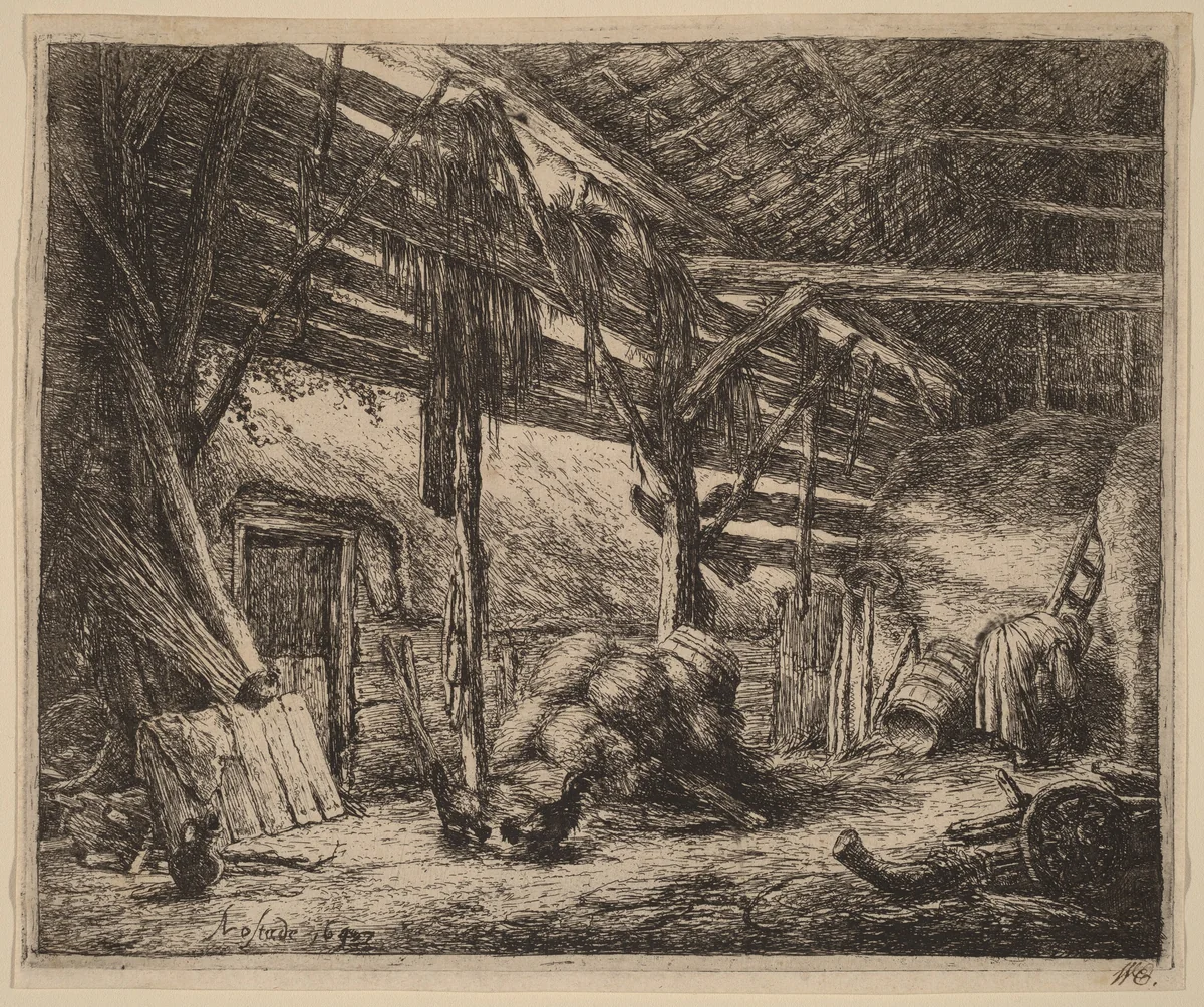 Interior of a Barn with a Peasant Woman at Work by Adriaen van Ostade, print, 1647