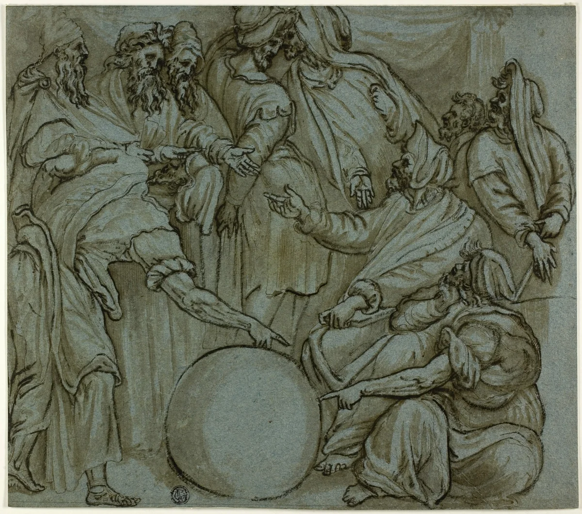 Philosophers Discussing the Terrestrial Globe by Pietro Buonaccorsi, drawing, 1521-1547