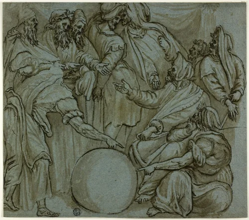 Philosophers Discussing the Terrestrial Globe by Pietro Buonaccorsi, drawing, 1521-1547