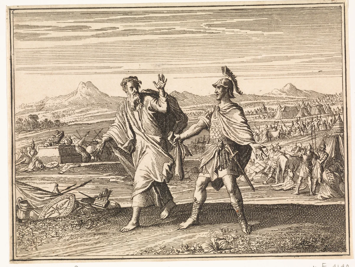 Saul scheurt een stuk van Samuëls mantel by Caspar Luyken, print, 1712