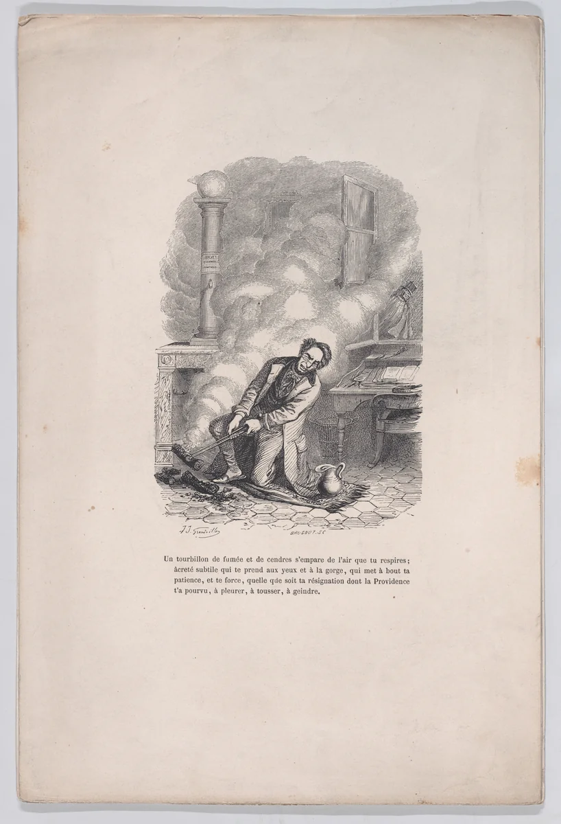 A whirlwind of smoke and ashes seizes the air you breathe, from "Little Miseries of Human Life" by J. J. Grandville, print, 1843