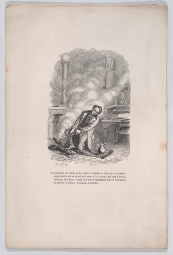 A whirlwind of smoke and ashes seizes the air you breathe, from "Little Miseries of Human Life" by J. J. Grandville, print, 1843