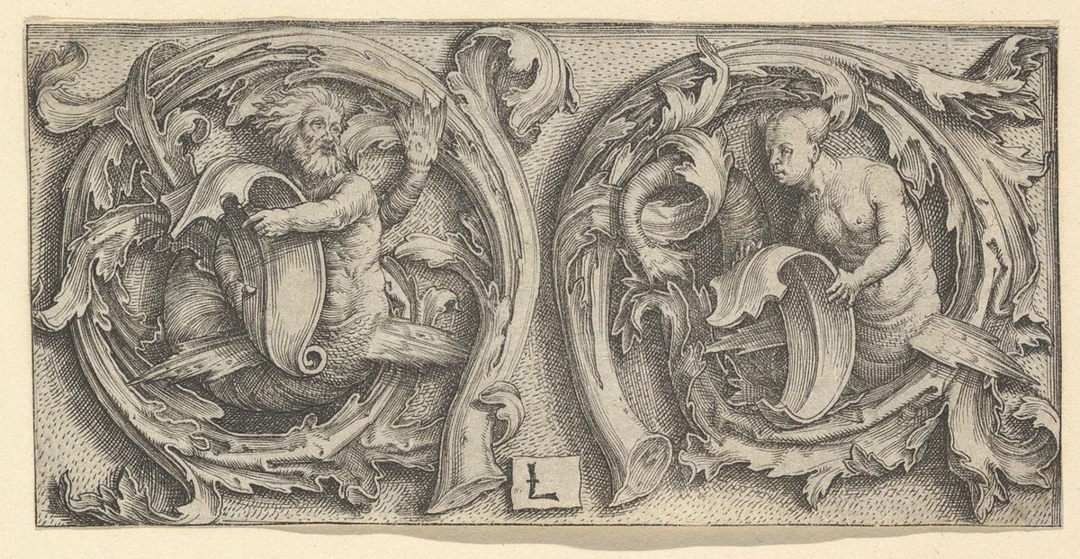 Triton and Siren in Tendrils by Lucas van Leyden, print, 1510