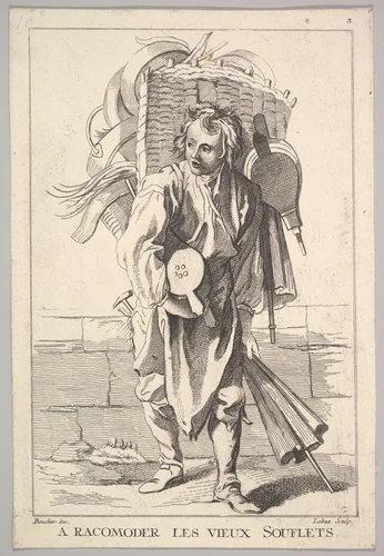 Reverse copy of A Racomoder les Vieux Souflets (Mend the Old Bellows), plate 3 from "Le Cris de Paris" (The Cries of Paris) by Jacques-Philippe Le Bas, print, 1722-1783