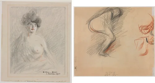 Courtesan (recto) Figure Sketches (verso) by Jean-Louis Forain, drawing, 1906
