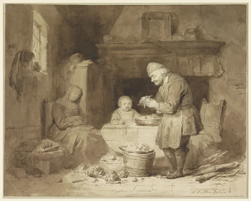 Terwijl een vrouw in slaap is gevallen, schilt een oude man aardappels by Ferdinand De Braekeleer, drawing, 1802-1883