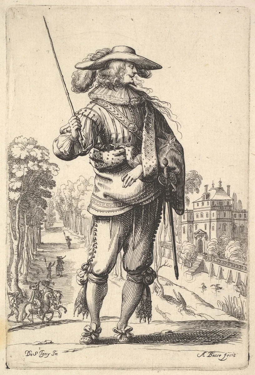 A gentleman with his head turned towards the right in profile, wearing a plumed hat and a cloak with the cross of the Order of the Holy Spirit, holding a whip in his right hand and his left arm in a sling, from "La Jardin de la Noblesse Françoise dans lequel ce peut ceuillir leur maniere de Vettements" by Abraham Bosse, print, 1629