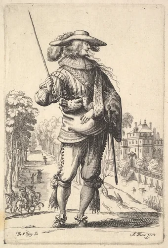 A gentleman with his head turned towards the right in profile, wearing a plumed hat and a cloak with the cross of the Order of the Holy Spirit, holding a whip in his right hand and his left arm in a sling, from "La Jardin de la Noblesse Françoise dans lequel ce peut ceuillir leur maniere de Vettements" by Abraham Bosse, print, 1629
